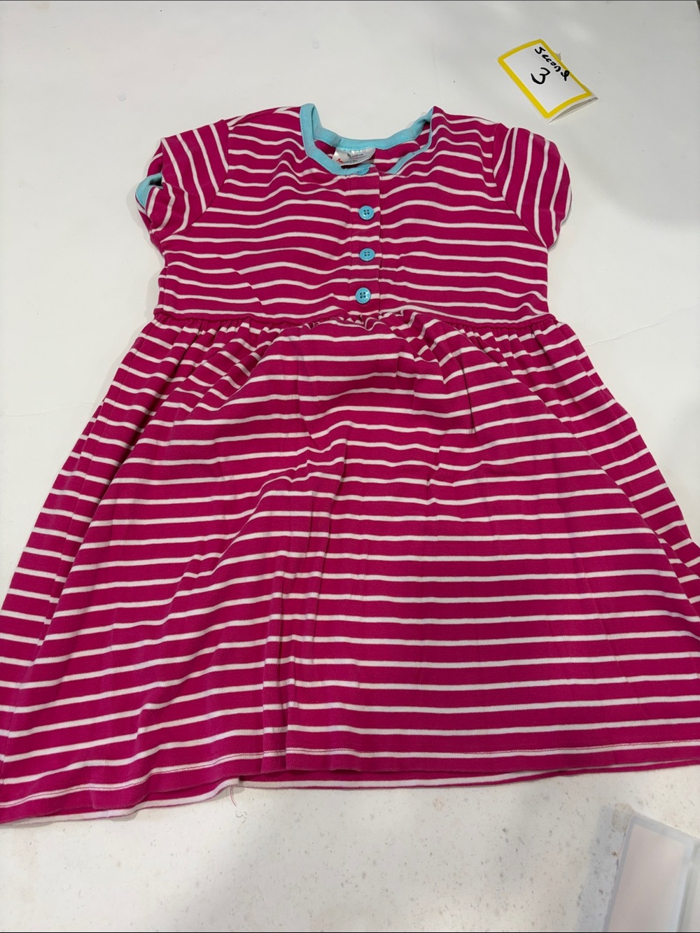 Hanna Andersson Pink & White Striped Short-Sleeve Dress with Turquoise Accents